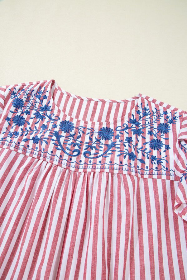 Red Stripe Plus Size Floral Embroidered Petal Sleeve Blouse