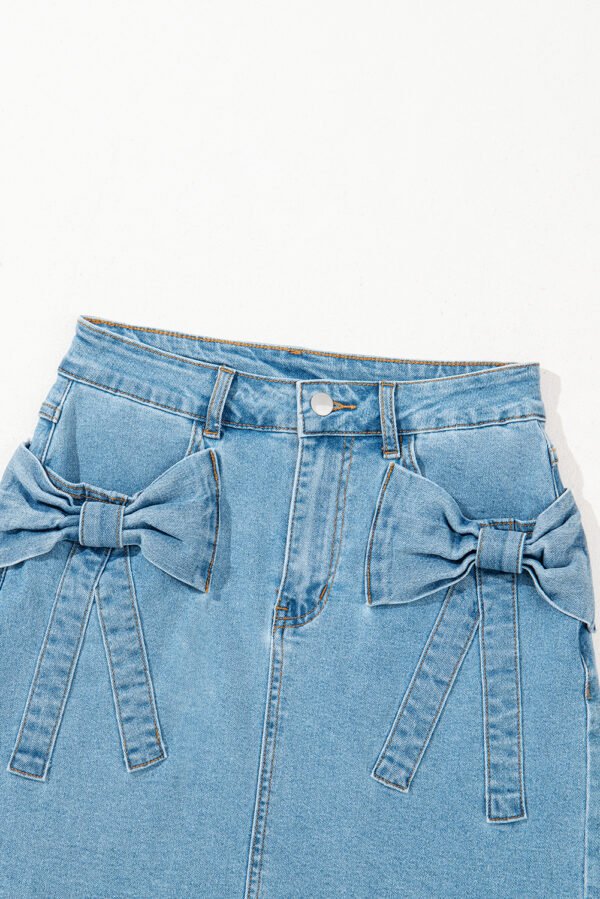 Dusk Blue Acid Wash Bowknot Details High Waist Denim Skirt