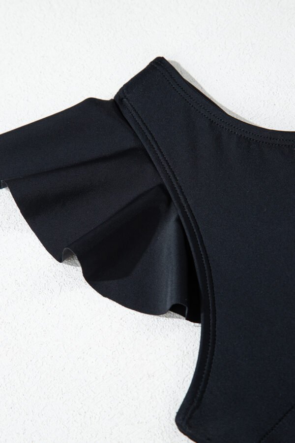 Black Asymmetric Ruffle Shoulder Pleated One Piece Swimsuit