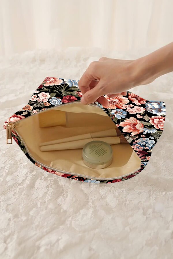 Black Flower Print Zipper Ribbed Corduroy Large Makeup Bag