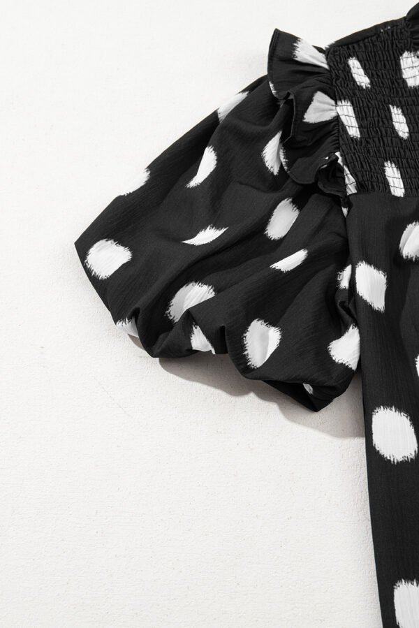 Black Polka Dot Print Shirred Yoke Notched Neck Balloon Sleeve Blouse