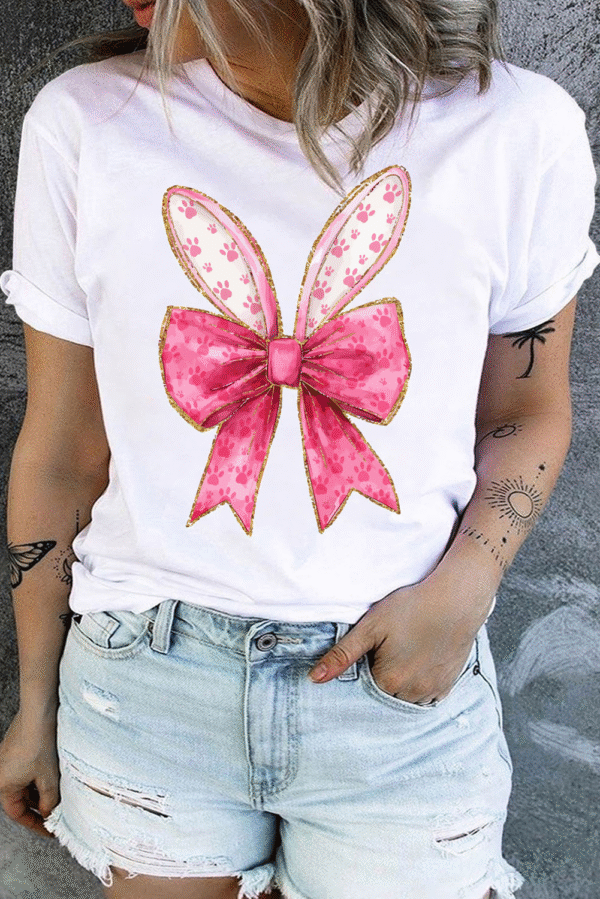 White Easter Bunny Ear Bowknot Graphic Plus Size T Shirt