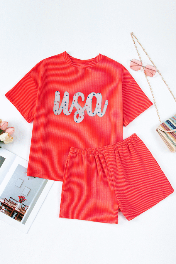 Orange Star USA Embroidered Corded T Shirt and Shorts Set
