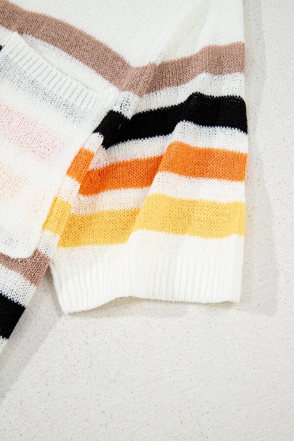 White Striped Pocketed Loose Fit Crewneck Knitted T Shirt