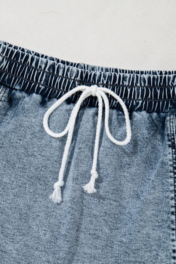 Dusk Blue Drawstring High Waist Pocketed Denim Shorts