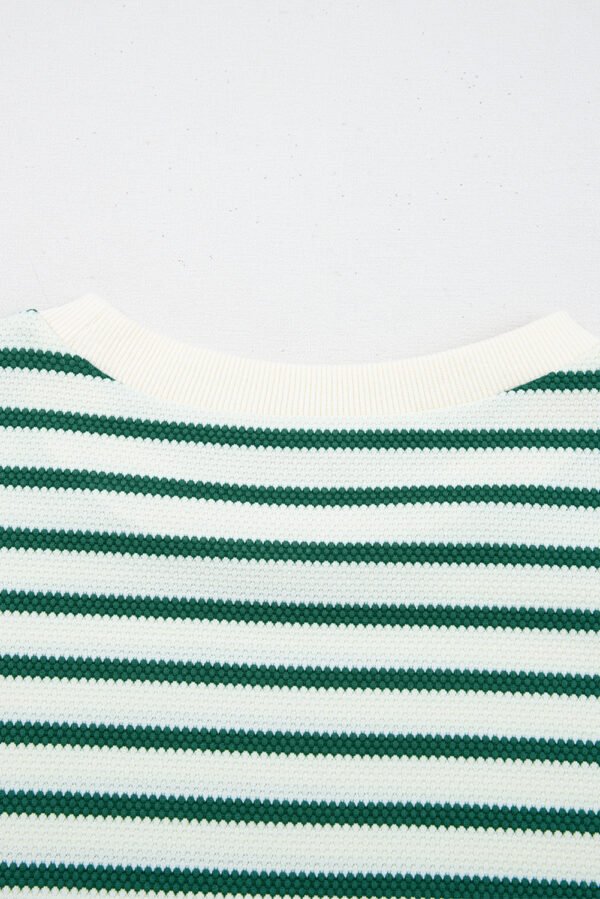 Green Stripe Scallop Lace Trim Ruffle Short Sleeves Crewneck Top
