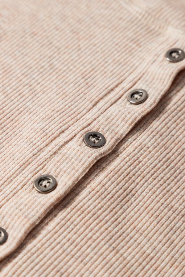 Oatmeal Short Sleeve Half Button Ribbed Knit Top