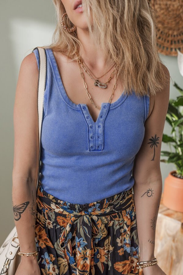Sky Blue Mineral Wash Ribbed Notch Neck Tank Top
