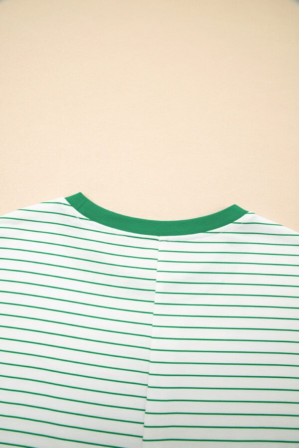 Green Stripe Ruffled Short Sleeve Crew Neck T Shirt Shift Mini Dress