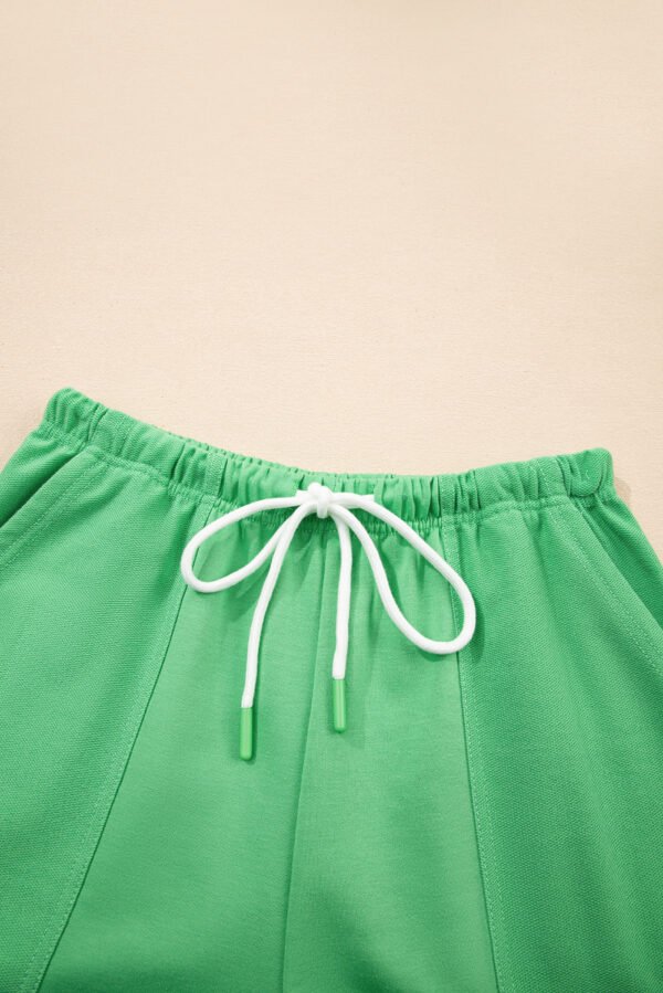 Mint Green V Neck Drop Shoulder Tee and Patchwork Drawstring Shorts Set