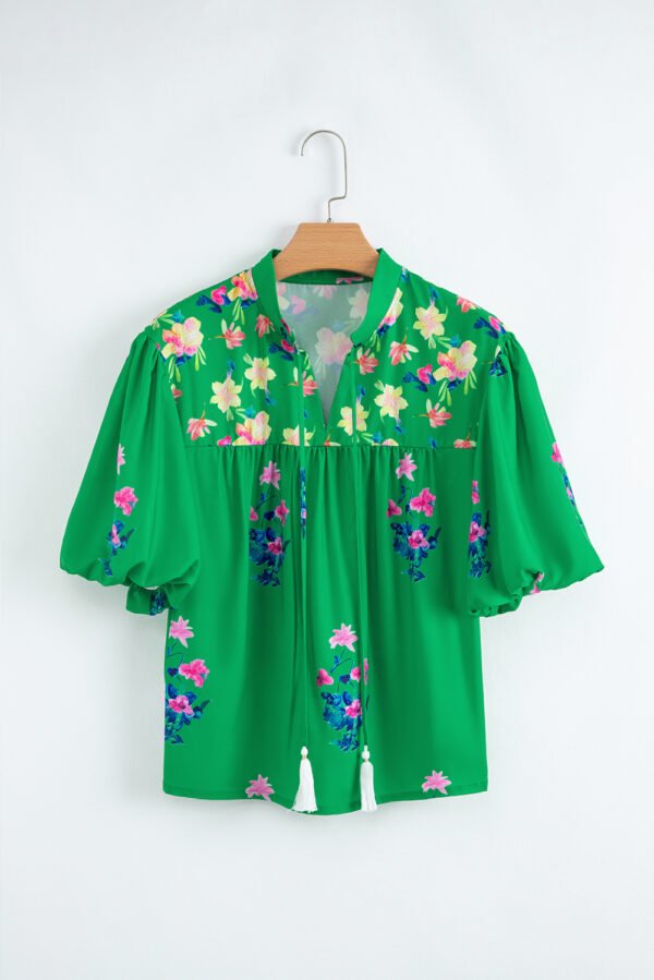 Green Floral Detail Tie Split Neck Short Sleeve Blouse