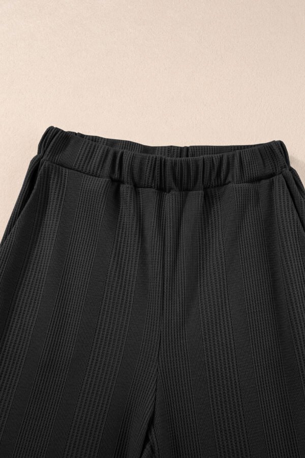 Black Solid Color Ribbed Ruffle Tank Top and Pants Set