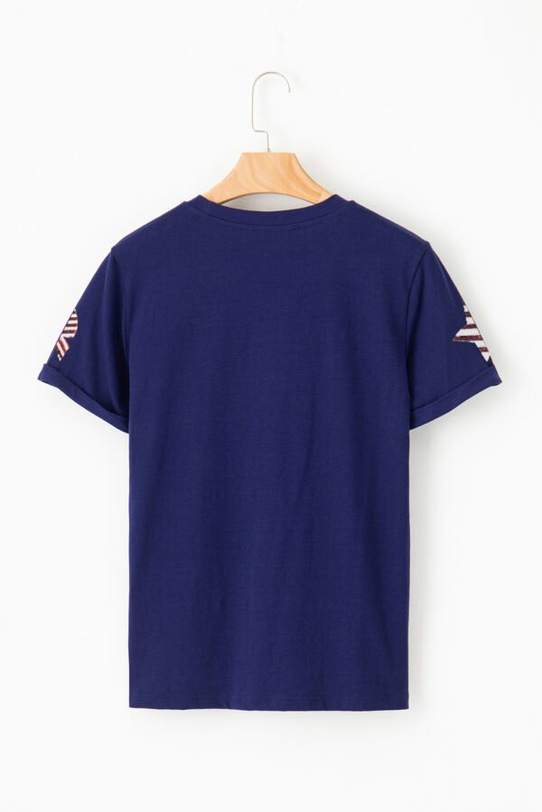 Blue Sequin USA Flag Bow Star Graphic Crewneck T Shirt
