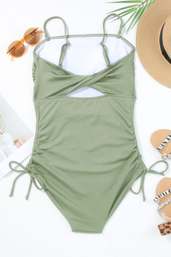 Laurel Green Ribbed Drawstring Sides Cutout One Piece Swimsuit