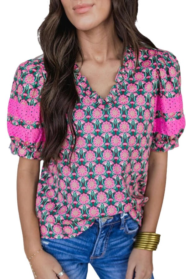 Sachet Pink V-Neck Ruffle Abstract Floral Print Puff Sleeve Top