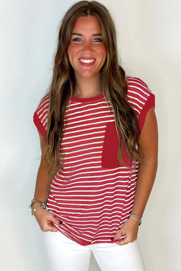 Red Stripe Chest Pocket Patch Round Neck Tank Top