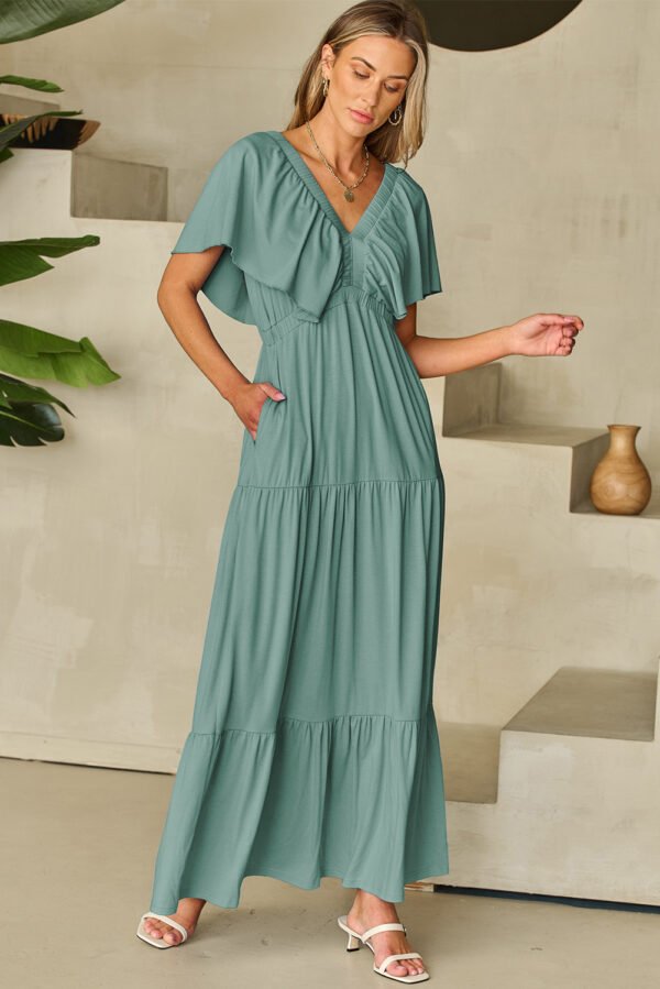 Green Textured V Neck Flutter Sleeve Ruffled Maxi Dress