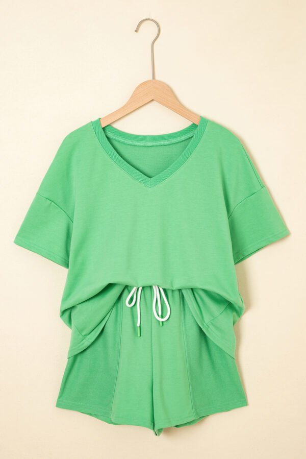 Mint Green V Neck Drop Shoulder Tee and Patchwork Drawstring Shorts Set