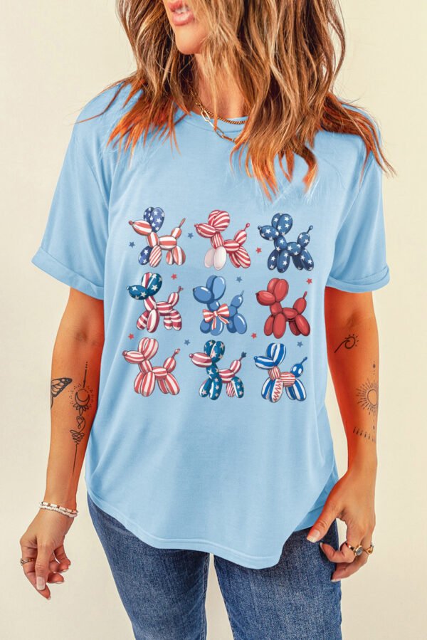 Light Blue American Flag Balloon Dogs Print Crew Neck T Shirt