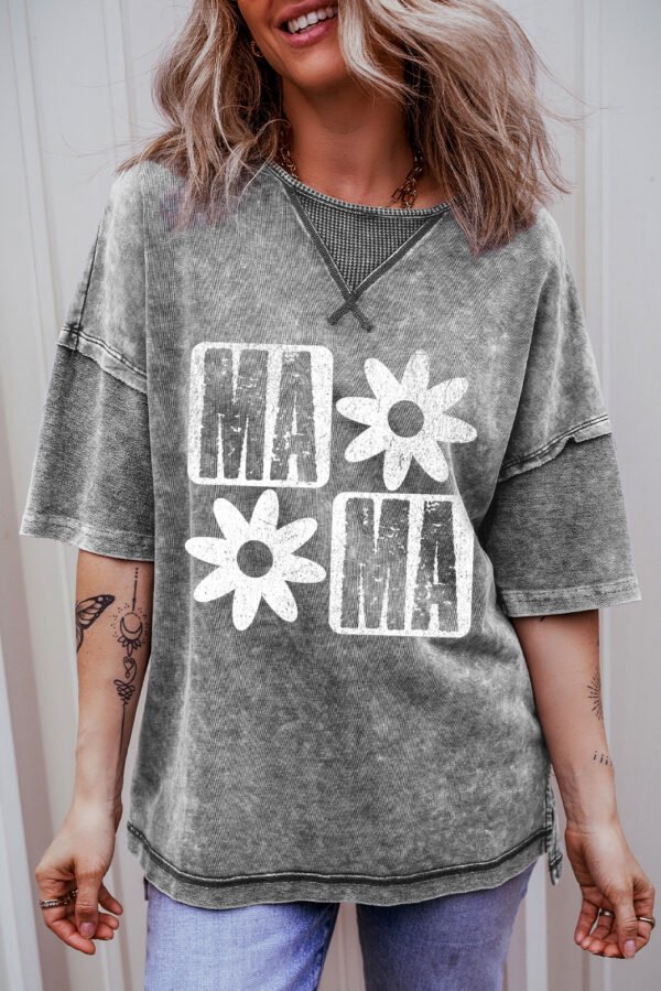 Philippine Gray MAMA Daisy Flower Graphic Mineral Wash Drop Shoulder Vintage Tee