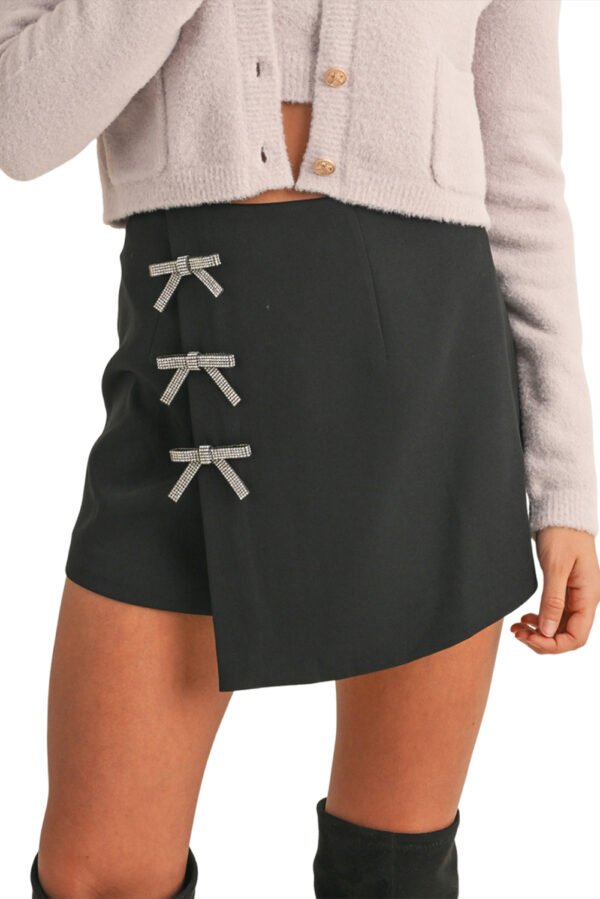 Black Rhinestone Bow Wrap High Waist Mini Skirt