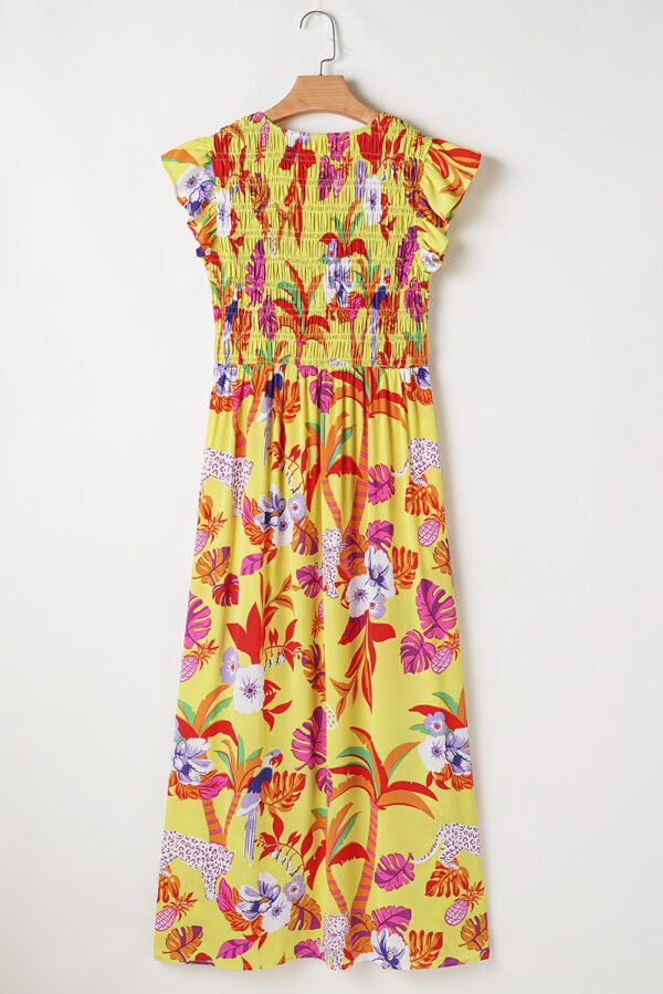 Yellow Cheetah Plant Print Shirred Button V Neck Maxi Dress