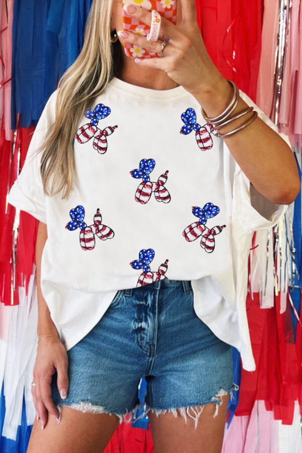 White Sequin USA Flag Balloon Puppy Graphic Drop Shoulder High Low Tee