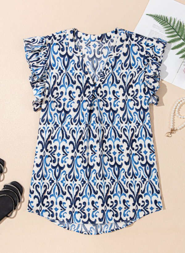 Sky Blue Boho Abstract Print Pintuck Detail Ruffled Top