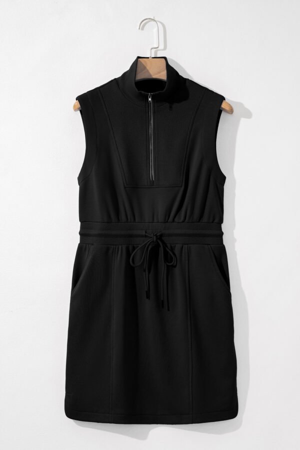 Black French Terry Zipped Collar Sleeveless Drawstring Waist Mini Dress