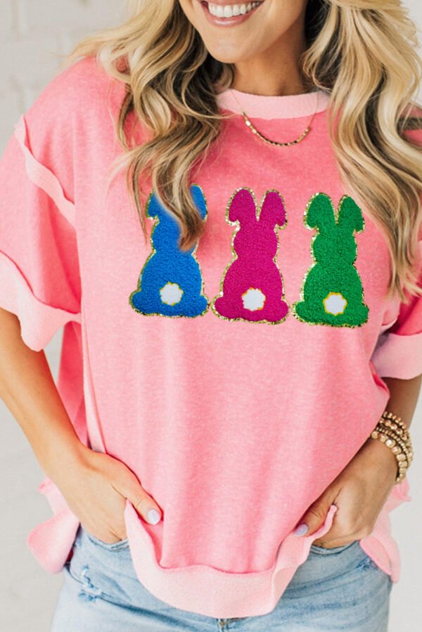 Peach Blossom Contrast Patchwork Detail Chenille Bunny Patched Easter Graphic Tee