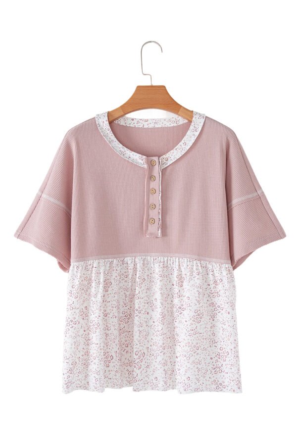 Pink Waffle Floral Patchwork Exposed Seam Detail Short Sleeve Top