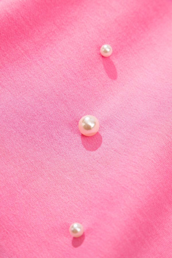 Pink Contrast Bow Trim Pearl Puff Sleeve Blouse and Skort 2pcs Set