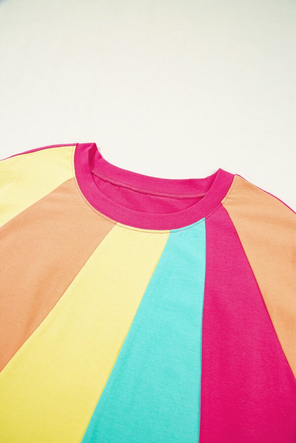Rose Red Color Block Ruffled Crew Neck Loose Fit T Shirt