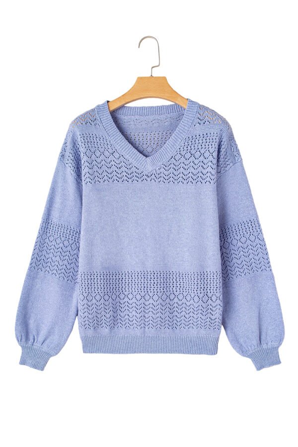 Sky Blue Eyelet Pattern Detail V Neck Drop Shoulder Sweater