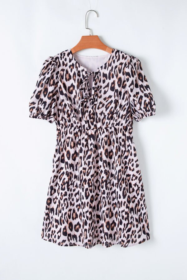 Brown Leopard Tied Front Keyhole Puff Short Sleeve Mini Dress