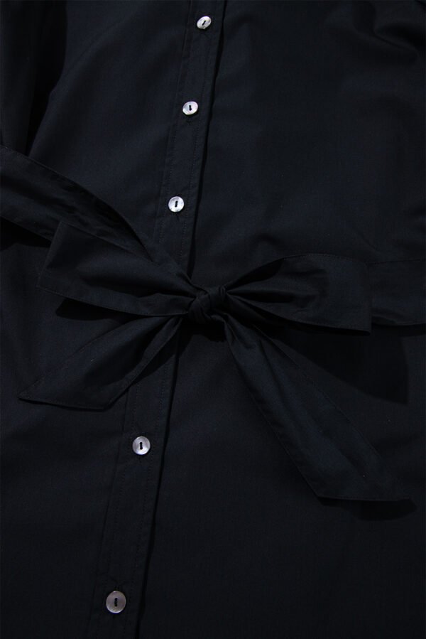 Black Button Up Tie Waist Puff Sleeve Mini Dress