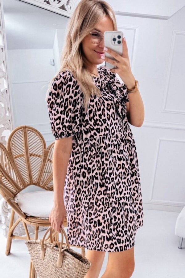 Brown Leopard Tied Front Keyhole Puff Short Sleeve Mini Dress