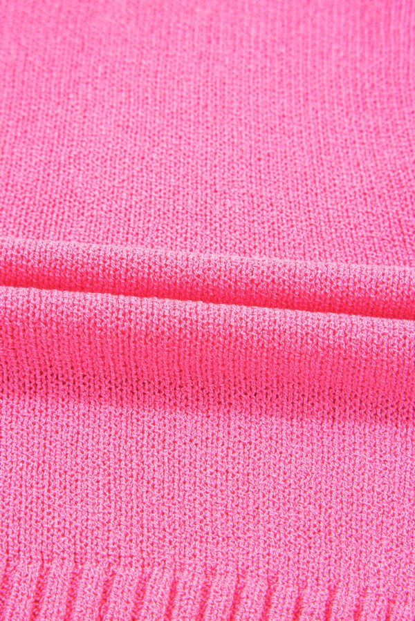 Bright Pink Distressed Hem Short Sleeve Knitted Button Front Sweater