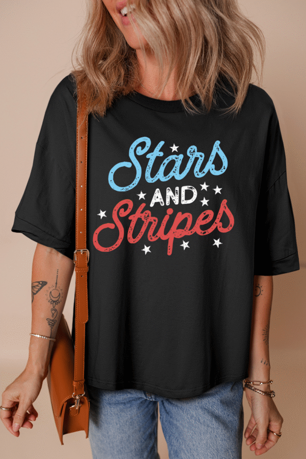 Black July 4th Stars AND Stripes Vintage Letter Graphic Tee