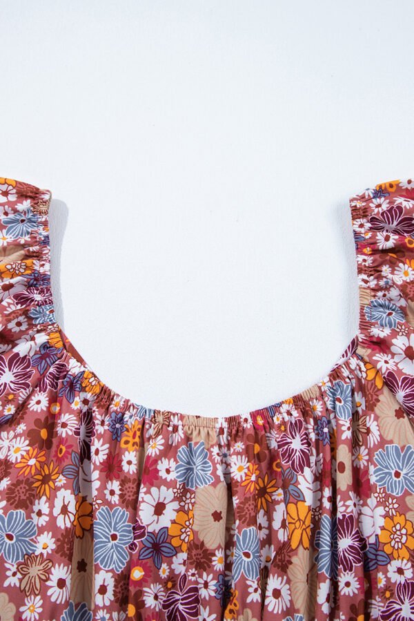 Red Floral Puff Sleeve Square Neck Knot Open Back Mini Dress