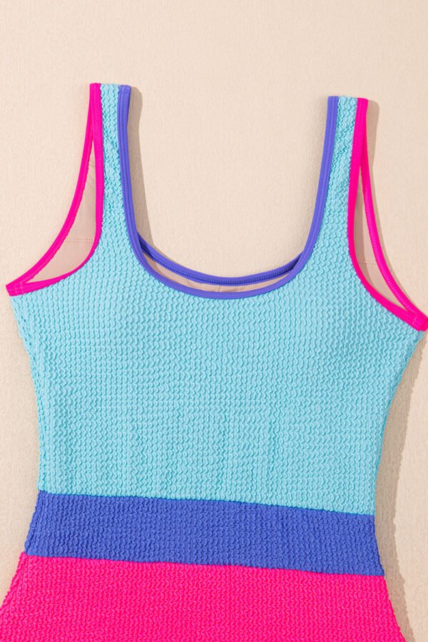 Rose Red Textured Color Block Patchwork One Piece Swimsuit