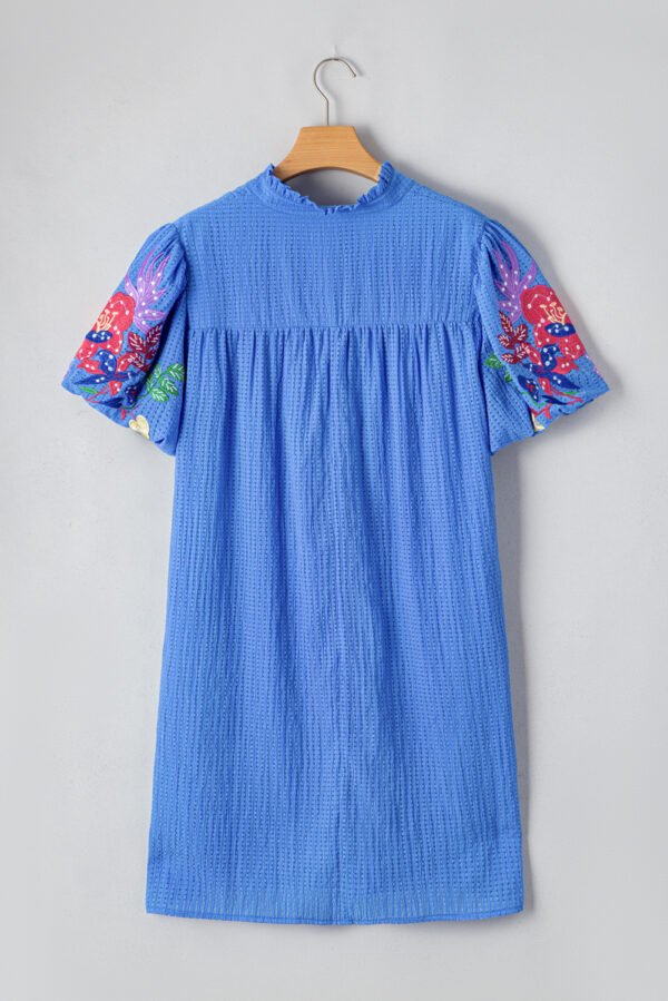 Sky Blue Plus Size Floral Embroidered Puff Sleeve Gingham Mini Dress