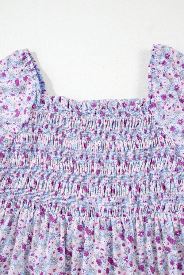Purple Floral Short Bubble Sleeve Shirred High Waist Maxi Dress