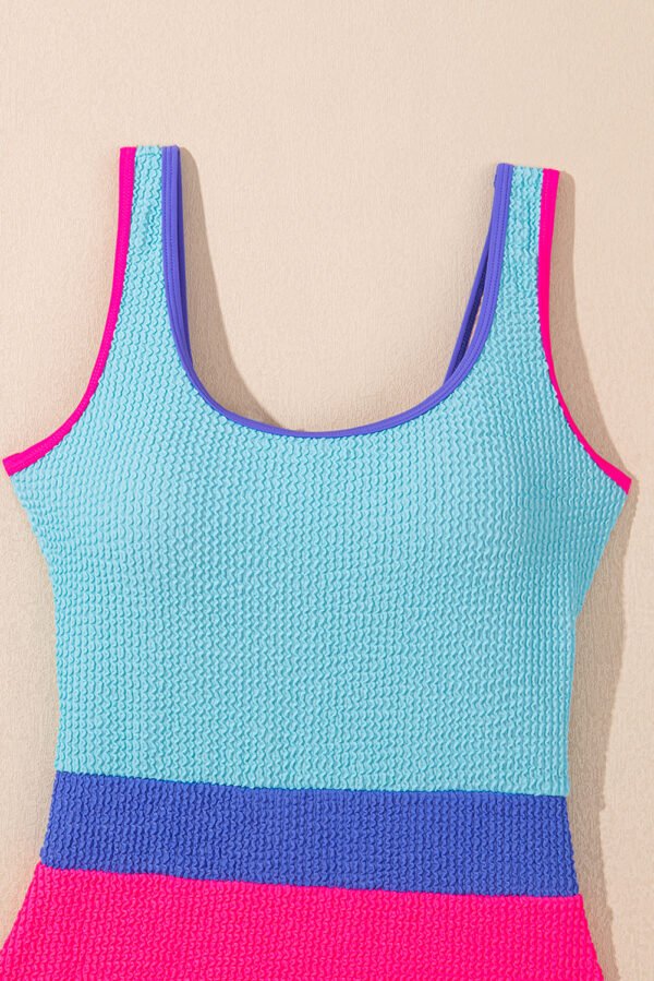 Rose Red Textured Color Block Patchwork One Piece Swimsuit