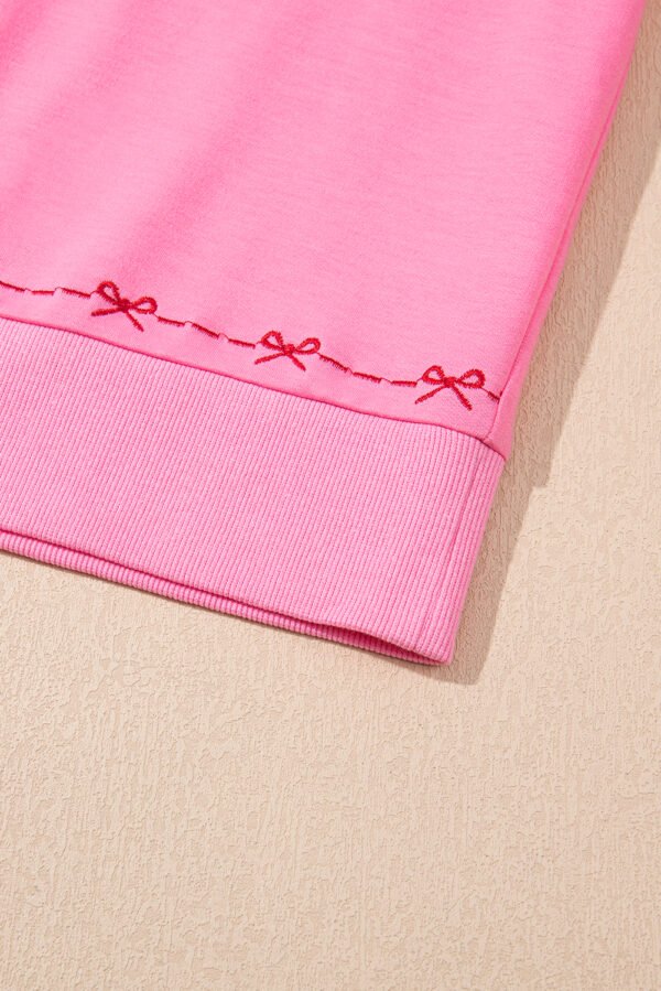 Pink Contrast Bow Trim Pearl Puff Sleeve Blouse and Skort 2pcs Set