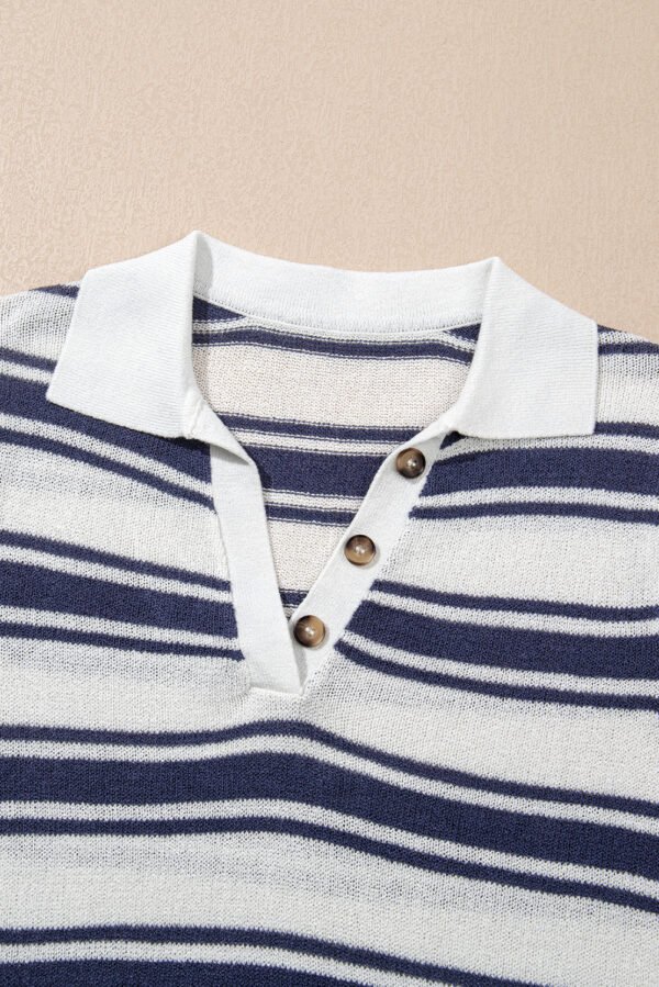 Dark Blue Stripe Collared Button V Neck Knitted T Shirt