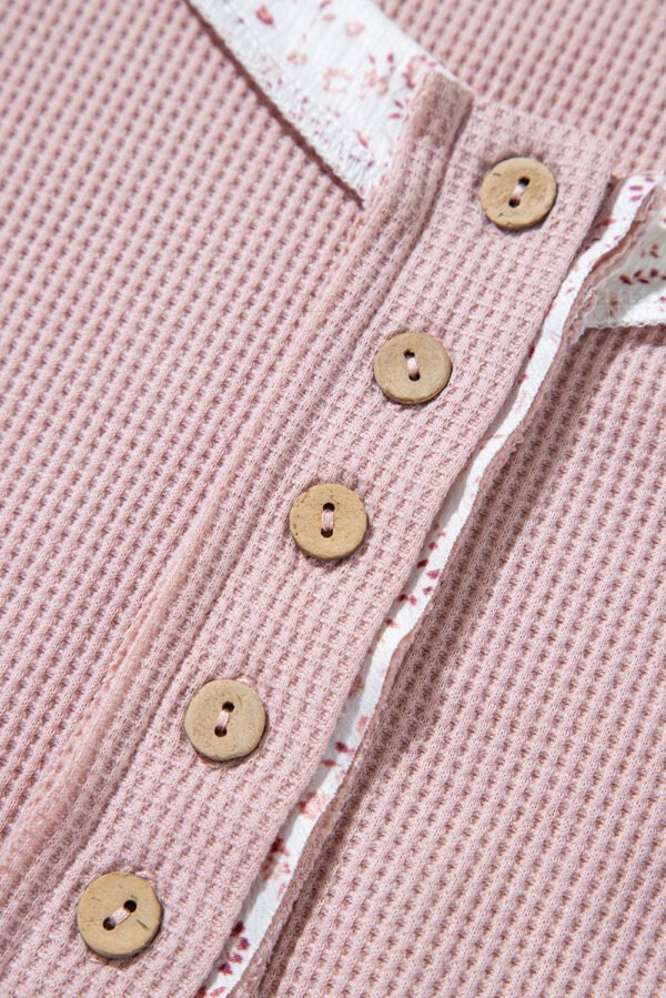 Pink Waffle Floral Patchwork Exposed Seam Detail Short Sleeve Top