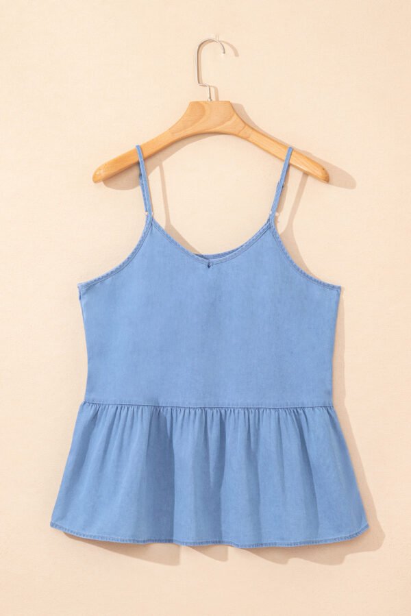 Sky Blue Casual Ruffled Spaghetti Straps Denim Tank Top