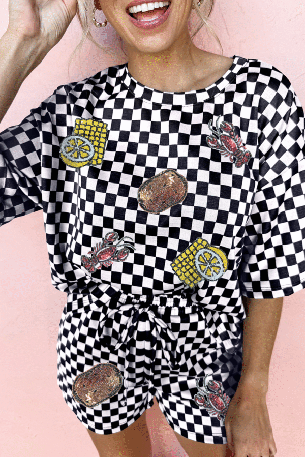 Black Sequined Crawfish Checkered Half Sleeve Top and Shorts Lounge Set
