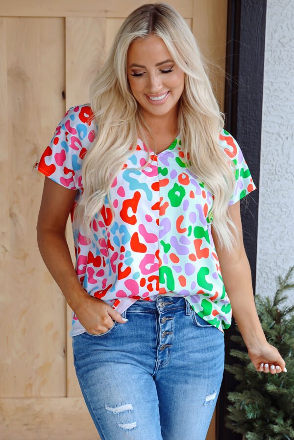 Green Contrast Leopard Print V Neck Short Sleeve Blouse